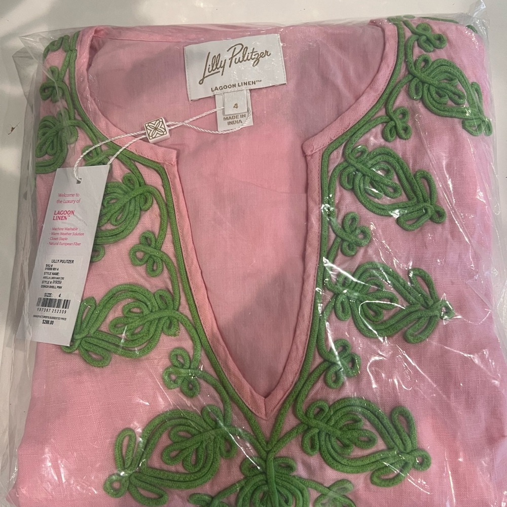 Lilly Pulitzer Pink Maxi Linen Caftan Ariella Green Embroidery - Picture 15 of 17